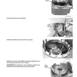 May include: Diagram of transmission components, including an output shaft, flange, and pinion. Instructions detail assembling parts, such as installing stud bolts, the bearing outer ring, and slotted pin. Text includes torque specifications.