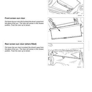 K&ouml;nnte beinhalten: Eine Seite aus einem technischen Handbuch mit dem Titel 3 - CONTROLS AND INSTRUMENTS, die schwarz-wei&szlig;e Strichzeichnungen einer verschiebbaren Fahrzeugblende, einer mit 1 markierten Frontsonnenblende und einer Hecksonnenblende mit Text zeigt.