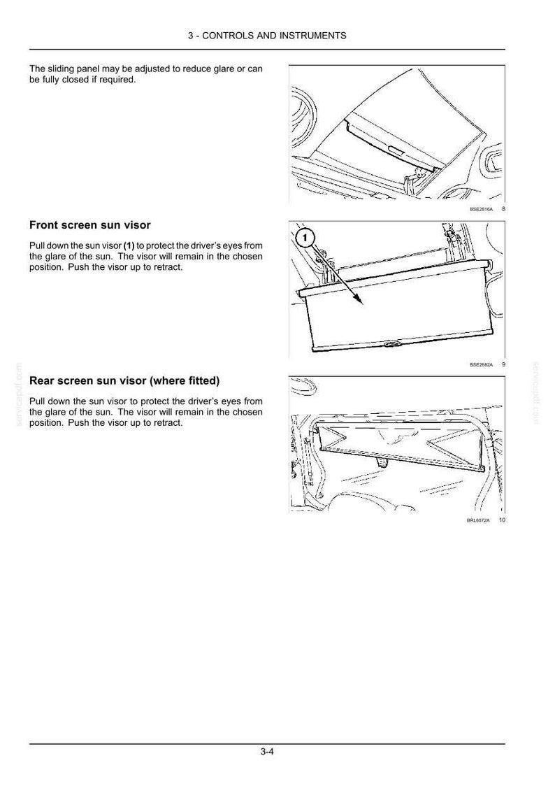 K&ouml;nnte beinhalten: Eine Seite aus einem technischen Handbuch mit dem Titel 3 - CONTROLS AND INSTRUMENTS, die schwarz-wei&szlig;e Strichzeichnungen einer verschiebbaren Fahrzeugblende, einer mit 1 markierten Frontsonnenblende und einer Hecksonnenblende mit Text zeigt.
