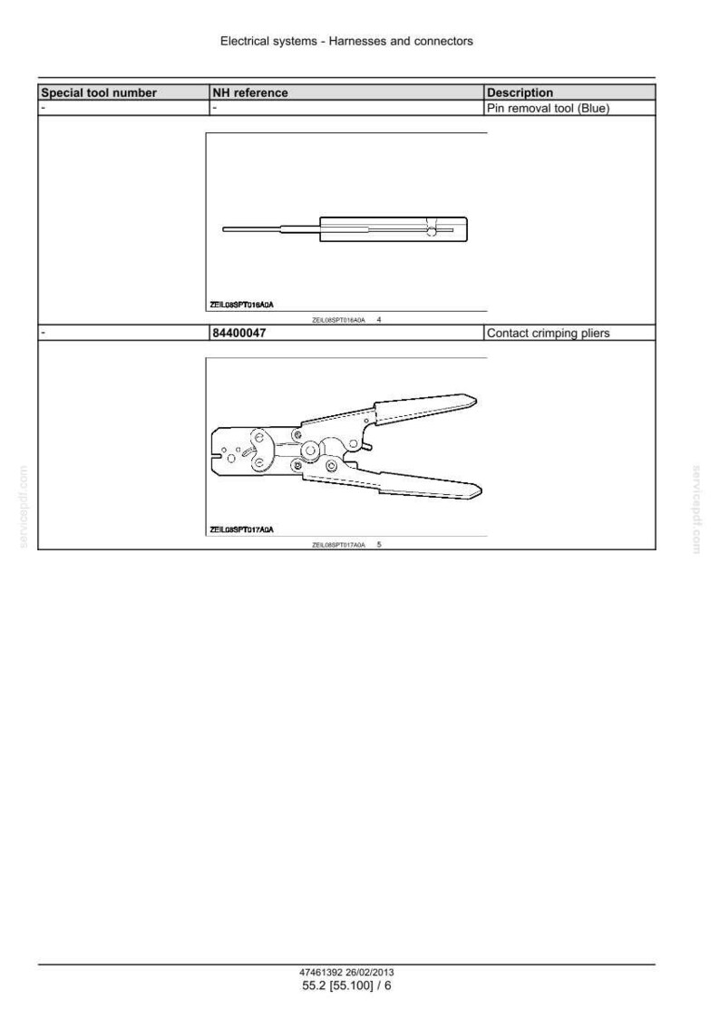 May include: Diagram of electrical tools, including a pin removal tool and contact crimping pliers. The tools are shown in a technical drawing style, with labels and specifications. The text "Electrical systems - Harnesses and connectors" is at the top.