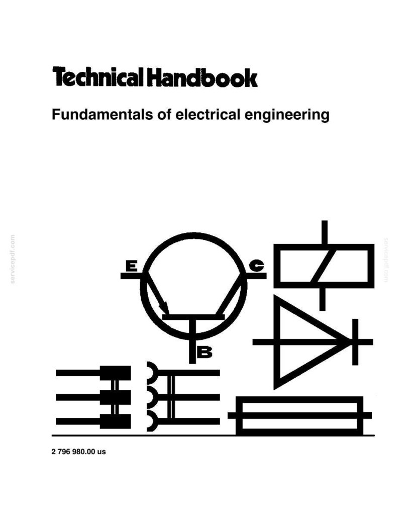 May include: A white page with the title "Technical Handbook" and the subtitle "Fundamentals of electrical engineering" in black text. The image includes several black electrical engineering symbols and the number "2 796 980.00 us" at the bottom.