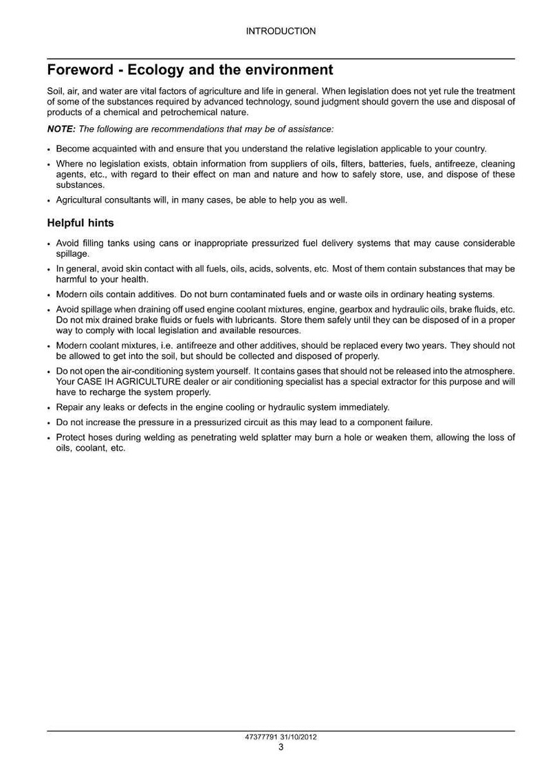May include: A page from a manual with the title "Foreword - Ecology and the environment." The text provides recommendations on handling chemicals, oils, and waste to protect the environment. It includes helpful hints and safety advice.