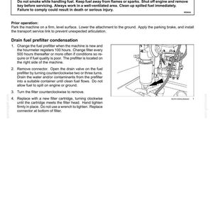 May include: Page from a maintenance manual detailing fuel pre-filter replacement. Includes a warning about flammable fuel vapors and instructions for draining condensation. A diagram shows the pre-filter location.