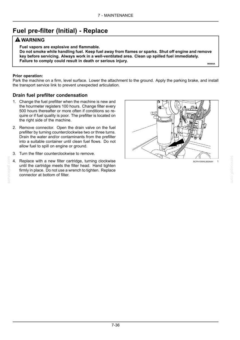 May include: Page from a maintenance manual detailing fuel pre-filter replacement. Includes a warning about flammable fuel vapors and instructions for draining condensation. A diagram shows the pre-filter location.