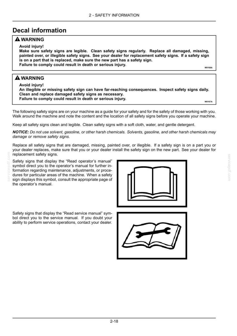 Puede incluir: Una p&aacute;gina de documento en blanco y negro titulada 2-SAFETY INFORMATION, que contiene texto sobre el mantenimiento de calcoman&iacute;as y advertencias de seguridad. Incluye dos iconos rectangulares: un libro abierto y un libro con una llave inglesa.