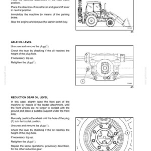 May include: Section 4 of a manual detailing front axle and reduction gear oil level procedures. Features diagrams of machinery parts and a backhoe loader. Instructions include checking and topping up oil levels.