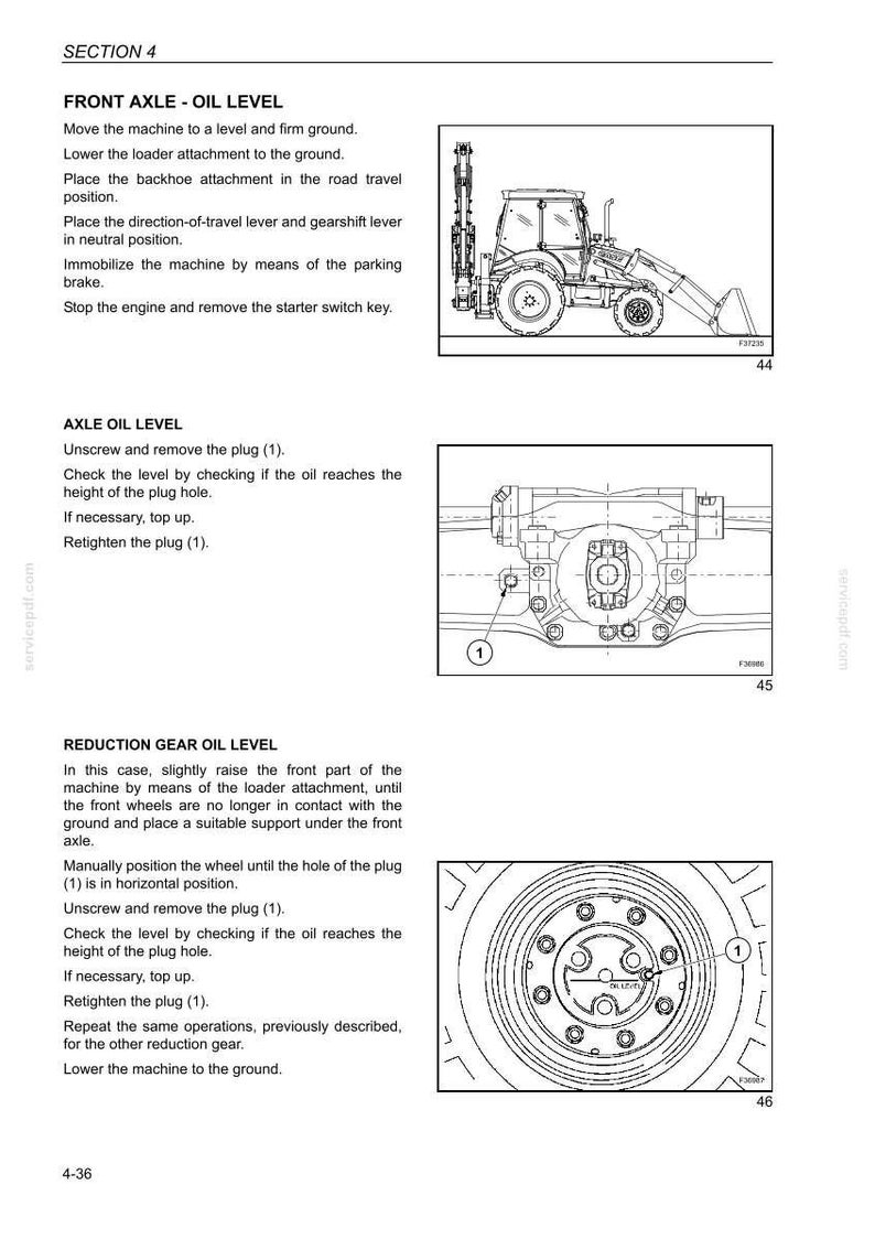 May include: Section 4 of a manual detailing front axle and reduction gear oil level procedures. Features diagrams of machinery parts and a backhoe loader. Instructions include checking and topping up oil levels.