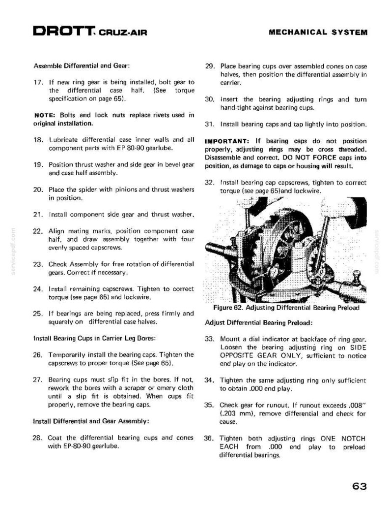 May include: A page from a DROTT CRUZ-AIR mechanical system manual. The text details steps for assembling and adjusting differential gears, including installing bearing cups and adjusting bearing preload. Includes diagrams and technical instructions.