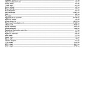May include: A detailed chart titled "Weight of components" lists the weight of various parts of a machine, including the engine (1074 lbs), hydraulic pump (276 lbs), and counterweight (12963 lbs). The document is labeled 1002-10 and issued 11-02.