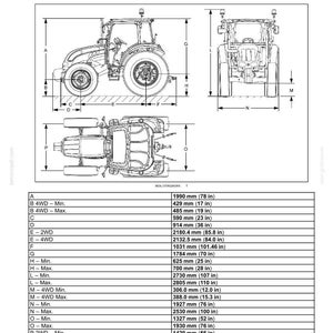 Puede incluir: Un documento de especificaciones t&eacute;cnicas titulado 9 - SPECIFICATIONS Dimensions and weights, que muestra dibujos lineales en blanco y negro de un tractor desde tres &aacute;ngulos con dimensiones etiquetadas y una tabla detallada en mil&iacute;metros.