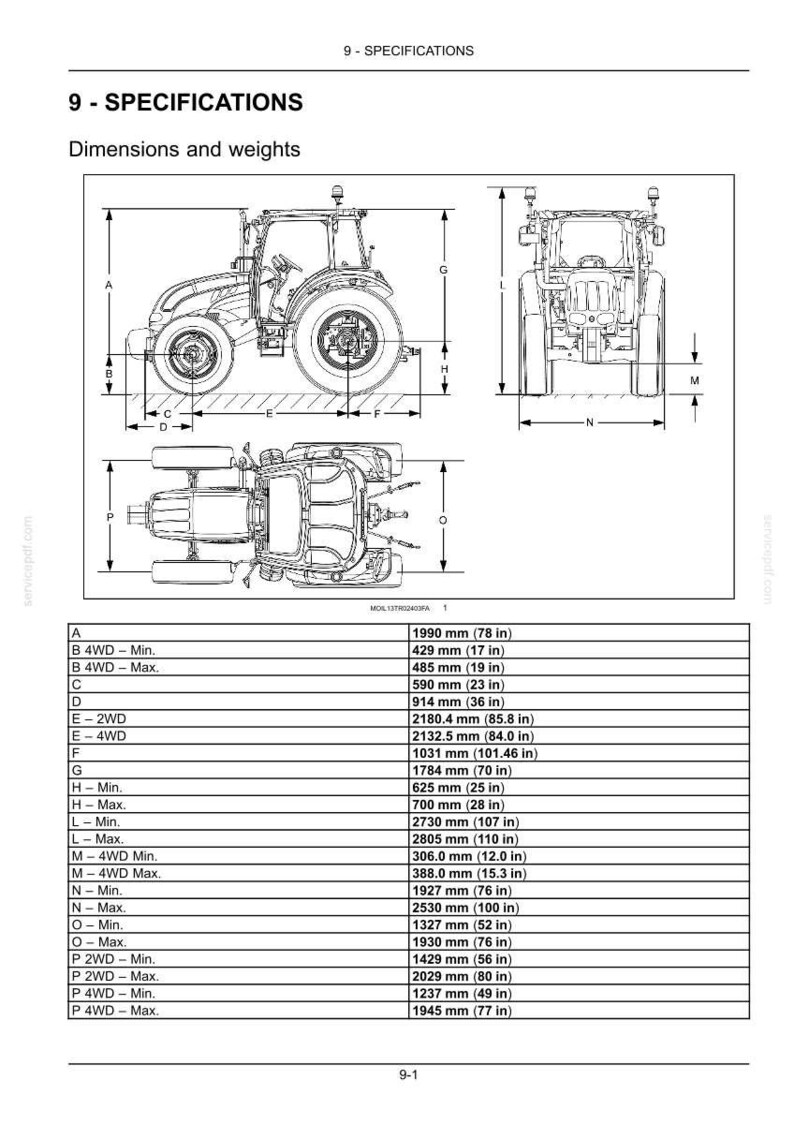 Puede incluir: Un documento de especificaciones t&eacute;cnicas titulado 9 - SPECIFICATIONS Dimensions and weights, que muestra dibujos lineales en blanco y negro de un tractor desde tres &aacute;ngulos con dimensiones etiquetadas y una tabla detallada en mil&iacute;metros.