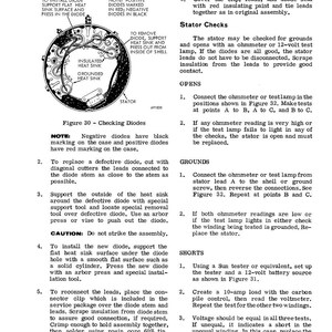 K&ouml;nnte beinhalten: Diagramm eines Stators mit beschrifteten Komponenten, einschlie&szlig;lich Dioden, K&uuml;hlk&ouml;rpern und einem Stator. Anweisungen zur &Uuml;berpr&uuml;fung von Dioden, mit Hinweisen auf positive und negative Diodenmarkierungen und Verfahren zum Austausch.