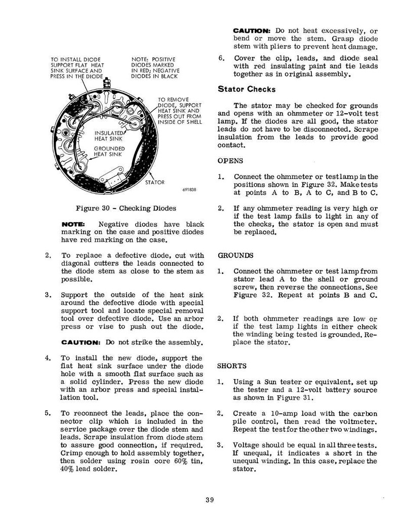 K&ouml;nnte beinhalten: Diagramm eines Stators mit beschrifteten Komponenten, einschlie&szlig;lich Dioden, K&uuml;hlk&ouml;rpern und einem Stator. Anweisungen zur &Uuml;berpr&uuml;fung von Dioden, mit Hinweisen auf positive und negative Diodenmarkierungen und Verfahren zum Austausch.