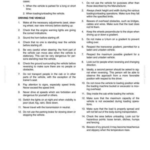 May include: A black and white document page titled SECTION 1 - TO THE OWNER/SAFETY. It contains numbered lists of instructions for driving and working the vehicle, including safety precautions for parking, reversing, and loading operations.