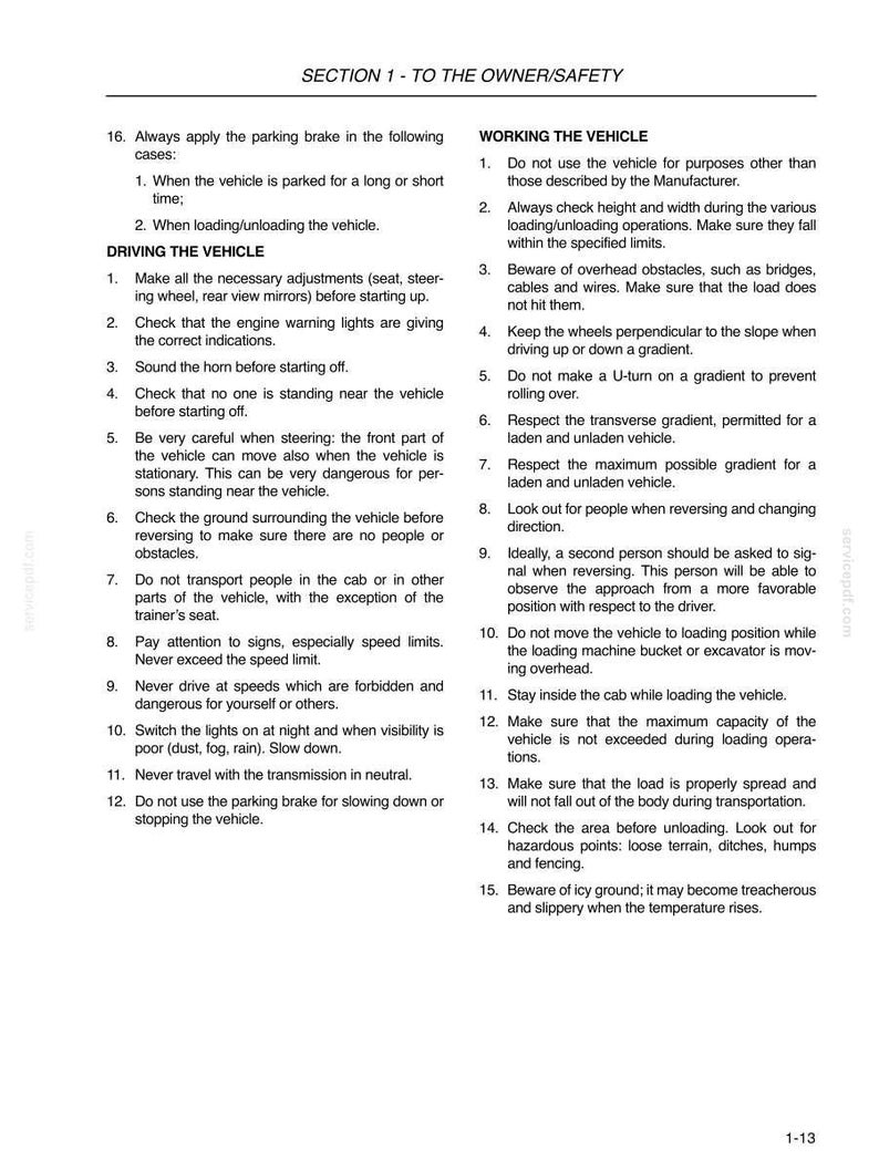May include: A black and white document page titled SECTION 1 - TO THE OWNER/SAFETY. It contains numbered lists of instructions for driving and working the vehicle, including safety precautions for parking, reversing, and loading operations.