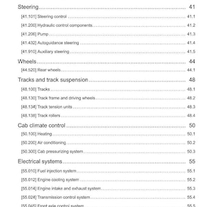 May include: A page from a manual with a table of contents. The topics include hitches, steering, wheels, tracks, cab climate control, and electrical systems. The text is black on a white background.
