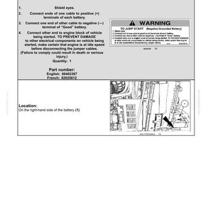 May include: A black and white technical document page titled 2-SAFETY INFORMATION. It features a warning label for jump starting a negative grounded battery, including numbered instructions, part numbers 86402367 and 82025612, and a diagram.