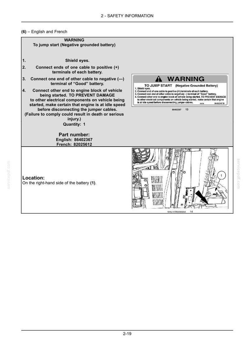 May include: A black and white technical document page titled 2-SAFETY INFORMATION. It features a warning label for jump starting a negative grounded battery, including numbered instructions, part numbers 86402367 and 82025612, and a diagram.