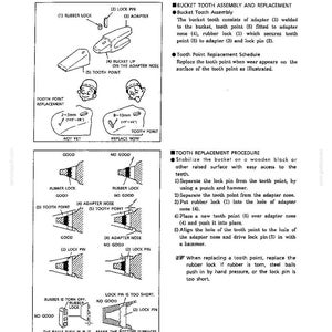 K&ouml;nnte beinhalten: Eine Seite aus einem technischen Handbuch mit dem Titel REPLACING THE TOOTH POINT, die schwarz-wei&szlig;e Diagramme von Baggerzahn-Baugruppen zeigt, einschlie&szlig;lich Gummisicherung, Sicherungsstift, Adapter und Zahnspitze mit Verschlei&szlig;hinweisen.