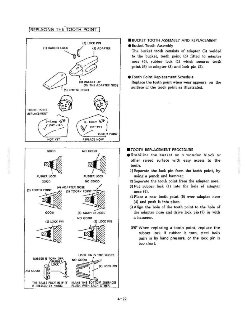 K&ouml;nnte beinhalten: Eine Seite aus einem technischen Handbuch mit dem Titel REPLACING THE TOOTH POINT, die schwarz-wei&szlig;e Diagramme von Baggerzahn-Baugruppen zeigt, einschlie&szlig;lich Gummisicherung, Sicherungsstift, Adapter und Zahnspitze mit Verschlei&szlig;hinweisen.