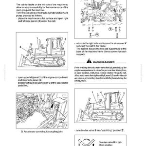 May include: A technical manual page titled DC150 Power Steering, detailing cab tilting procedures for a bulldozer. It includes black and white line drawings of the machine, engine components, and a diverter valve, with numbered labels and instructional text.