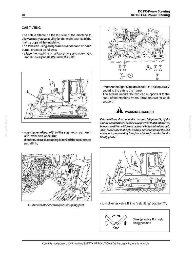 May include: A technical manual page titled DC150 Power Steering, detailing cab tilting procedures for a bulldozer. It includes black and white line drawings of the machine, engine components, and a diverter valve, with numbered labels and instructional text.