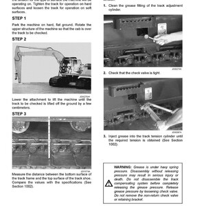May include: A technical manual page with instructions for track tension adjustment on a machine. The steps include checking the track, cleaning the grease fitting, and injecting grease. Includes a warning about grease under pressure.