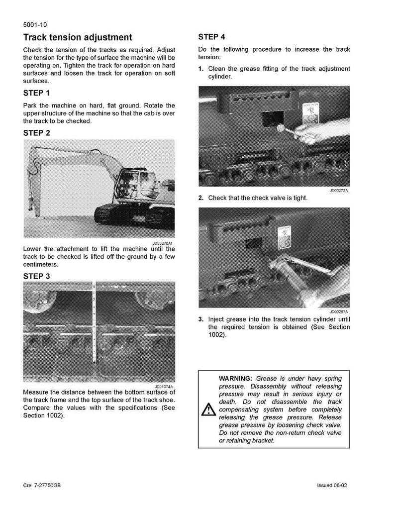 May include: A technical manual page with instructions for track tension adjustment on a machine. The steps include checking the track, cleaning the grease fitting, and injecting grease. Includes a warning about grease under pressure.