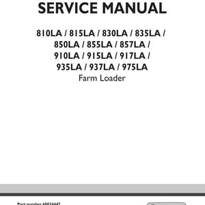May include: A white service manual cover with black text. The title "SERVICE MANUAL" is at the top. Below are model numbers: 810LA, 815LA, 830LA, 835LA, 850LA, 855LA, 857LA, 910LA, 915LA, 917LA, 935LA, 937LA, and 975LA. The text "Farm Loader" is also present.