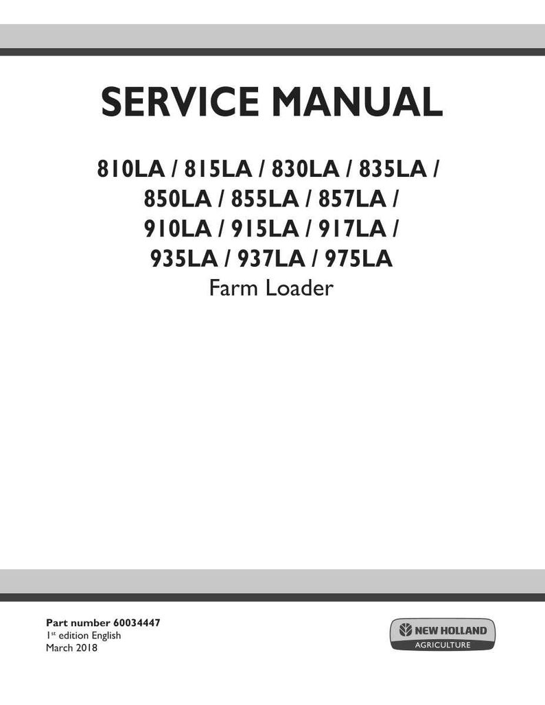 May include: A white service manual cover with black text. The title "SERVICE MANUAL" is at the top. Below are model numbers: 810LA, 815LA, 830LA, 835LA, 850LA, 855LA, 857LA, 910LA, 915LA, 917LA, 935LA, 937LA, and 975LA. The text "Farm Loader" is also present.