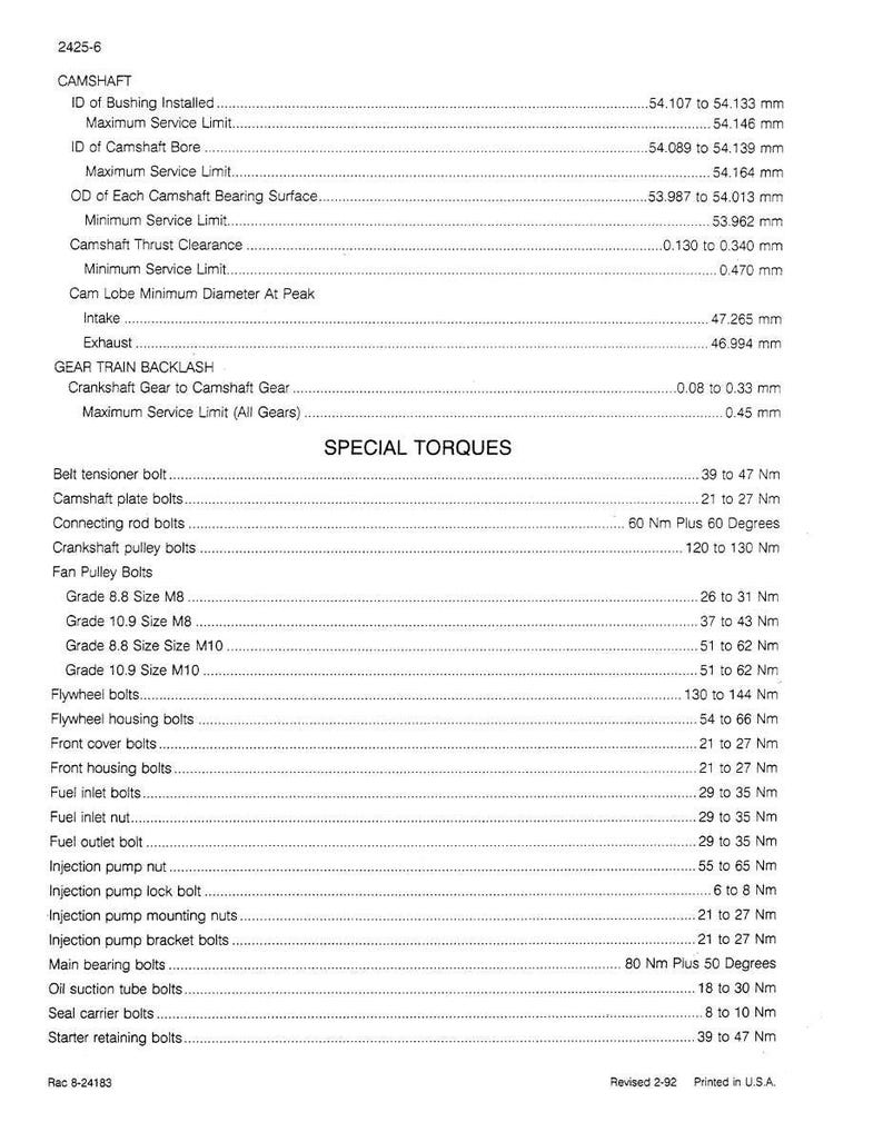 Peut inclure: Une page imprim&eacute;e avec des sp&eacute;cifications techniques pour un arbre &agrave; cames. Le document comprend des mesures en millim&egrave;tres et des couples en Newton-m&egrave;tres. Le texte inclut "SPECIAL TORQUES" et "Revised 2-92 Printed in U.S.A."