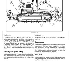 May include: Diagram of a heavy machinery track system, including track links, track shoes, track guides, and a pivot shaft. The image is a technical illustration with labels and callouts for each component.