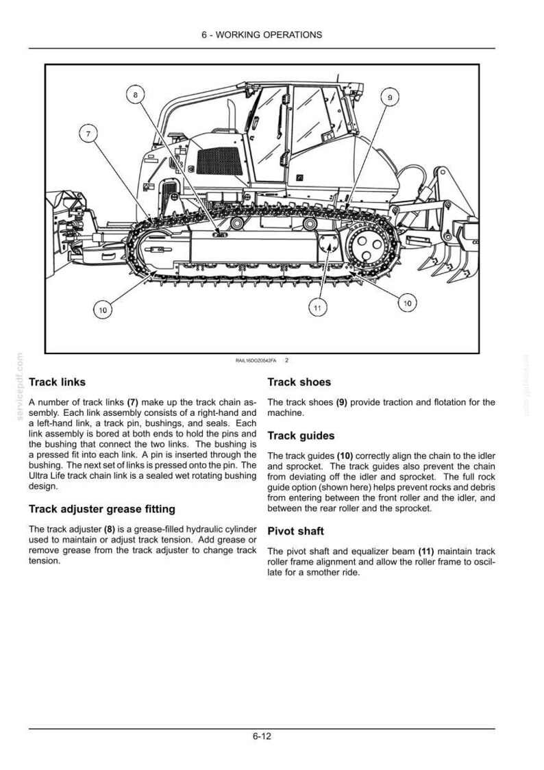 May include: Diagram of a heavy machinery track system, including track links, track shoes, track guides, and a pivot shaft. The image is a technical illustration with labels and callouts for each component.