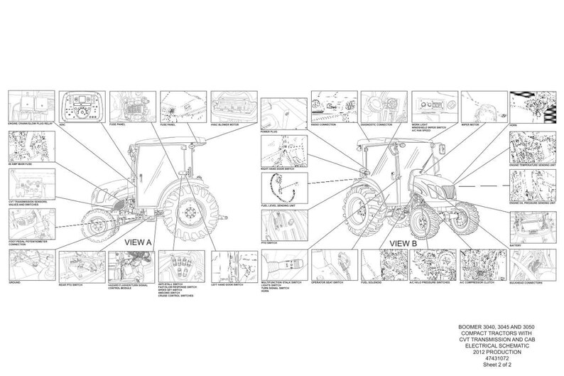 May include: Detailed black and white schematic diagram of a Boomer 3040, 3045, and 3050 compact tractor with CVT transmission and cab. The diagram includes views A and B, with labeled components and wiring details. Text includes "Electrical Schematic" and "Sheet 2 of 2."