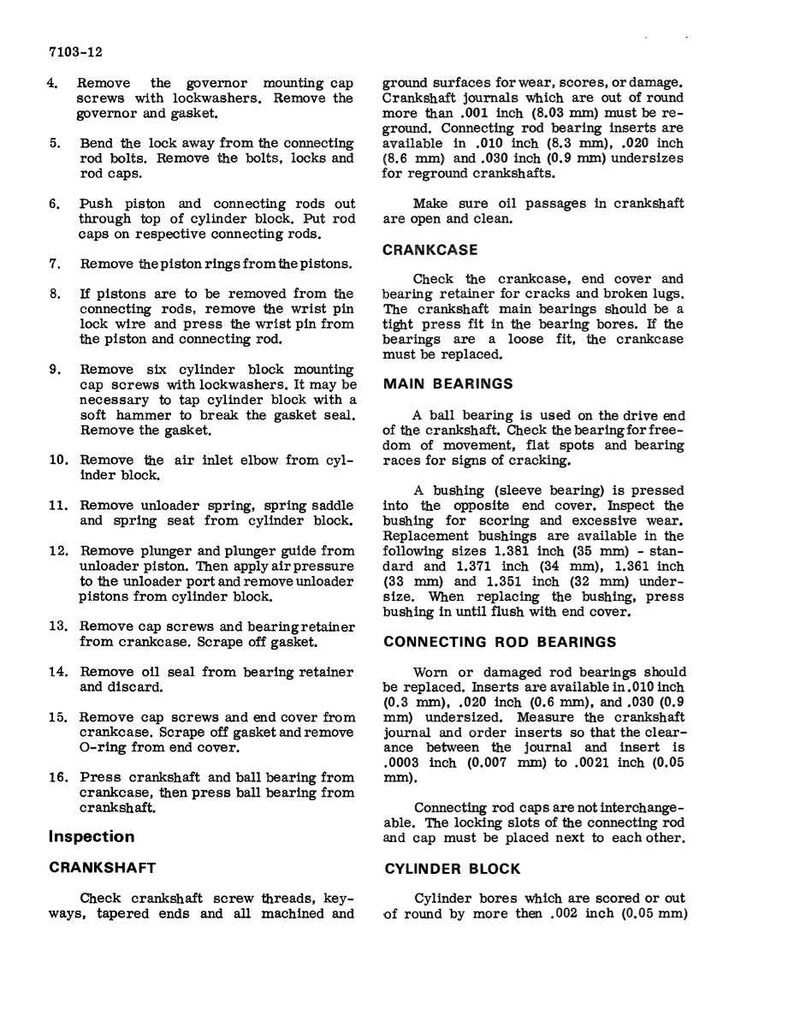 Puede incluir: P&aacute;gina de manual t&eacute;cnico con instrucciones de reparaci&oacute;n de motores. Incluye pasos para quitar e inspeccionar componentes como el regulador, los pistones y el cig&uuml;e&ntilde;al. Texto y diagramas.
