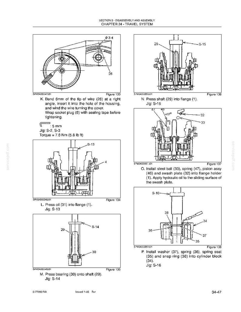 May include: Technical diagrams from a manual, detailing the disassembly and assembly of a travel system. The illustrations include various components, measurements, and instructions for mechanical procedures. The diagrams are labeled with figures and text.