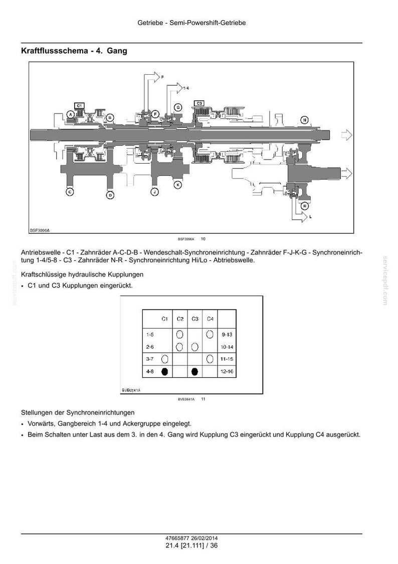 May include: A technical diagram of a semi-powershift transmission showing the power flow for 4th gear. The image includes a cross-sectional mechanical schematic, a table labeled C1, C2, C3, C4, and text detailing gear and clutch engagement.