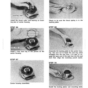 May include: A series of black and white technical diagrams illustrating the assembly of mechanical components. The diagrams show steps 65 through 70, with labels such as "LOCATING PINS" and "SEAL RING GROOVE". The image is from a service manual.