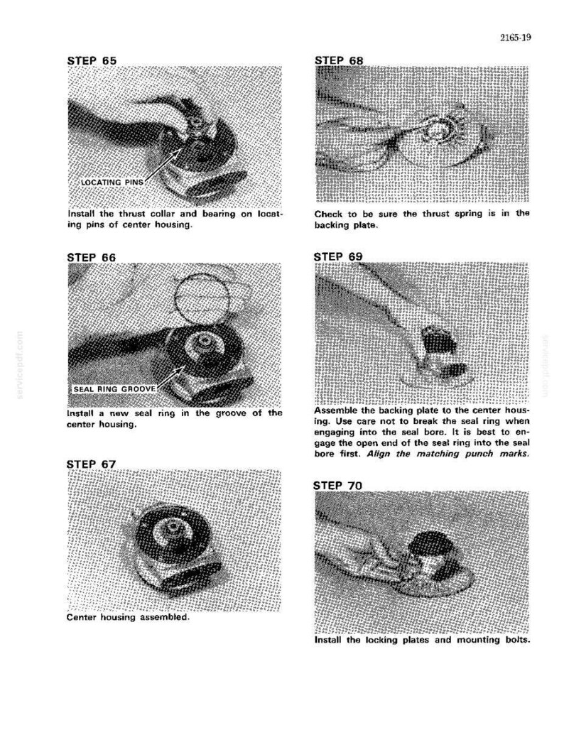 May include: A series of black and white technical diagrams illustrating the assembly of mechanical components. The diagrams show steps 65 through 70, with labels such as "LOCATING PINS" and "SEAL RING GROOVE". The image is from a service manual.