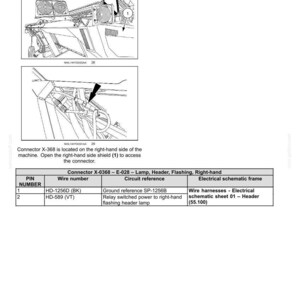 May include: Diagram showing electrical systems, harnesses, and connectors. It features a schematic of Connector X-0368, with wire numbers and circuit references. Text reads: "Connector X-0368 - E-028 - Lamp, Header, Flashing, Right-hand."