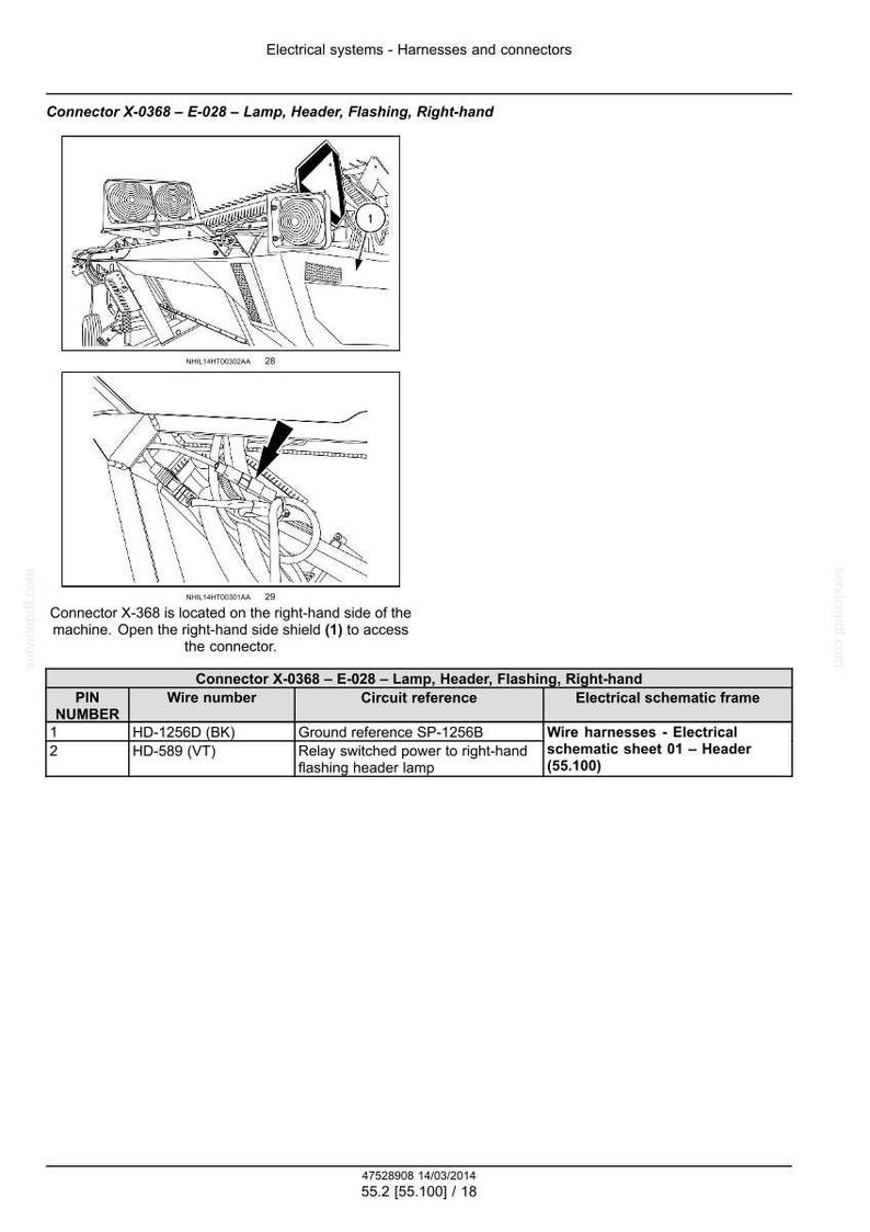 May include: Diagram showing electrical systems, harnesses, and connectors. It features a schematic of Connector X-0368, with wire numbers and circuit references. Text reads: "Connector X-0368 - E-028 - Lamp, Header, Flashing, Right-hand."