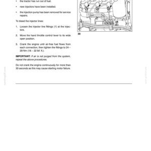 May include: A technical manual page titled Section 3, Bleeding the Injector Lines, featuring a black and white line drawing of an engine block with three numbered injector line fittings labeled 1, and instructions for purging air from the fuel system.