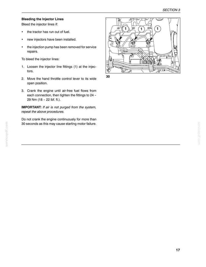 May include: A technical manual page titled Section 3, Bleeding the Injector Lines, featuring a black and white line drawing of an engine block with three numbered injector line fittings labeled 1, and instructions for purging air from the fuel system.