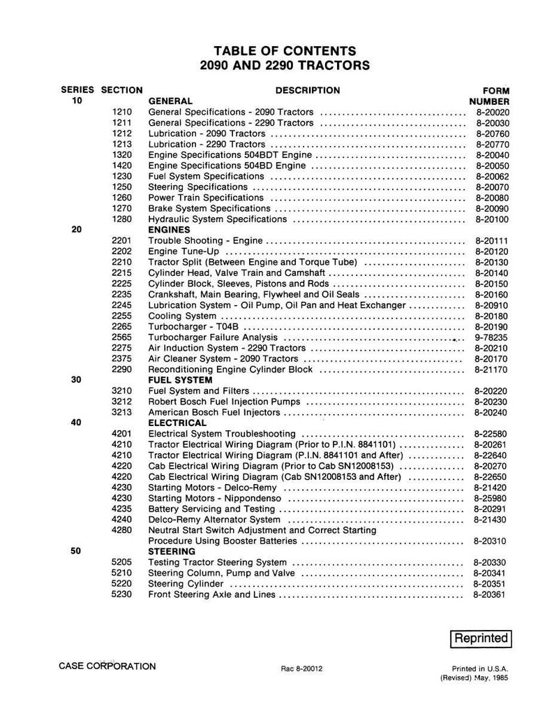 May include: Table of Contents for 2090 and 2290 Tractors, listing sections like General, Engines, Fuel System, Electrical, and Steering. Includes form numbers and is printed in the U.S.A.