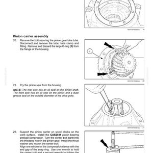 May include: Diagram of a rear axle system with a pinion carrier assembly. The image includes detailed illustrations of removing and installing components, with arrows indicating steps. Text includes instructions and part numbers.