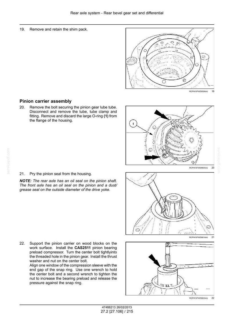 May include: Diagram of a rear axle system with a pinion carrier assembly. The image includes detailed illustrations of removing and installing components, with arrows indicating steps. Text includes instructions and part numbers.
