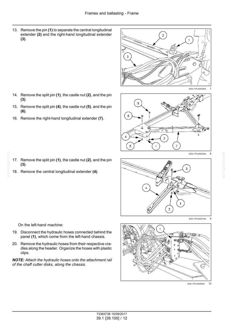 May include: Diagram of a frame assembly with numbered parts and instructions for disassembly. Includes split pins, castle nuts, and extenders. Text instructions are provided for each step of the process.
