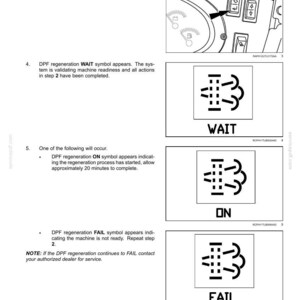 May include: Diagram from a maintenance manual showing symbols for DPF regeneration. The symbols include "WAIT", "ON", and "FAIL", with accompanying text. The image also shows a control panel with buttons and gauges.