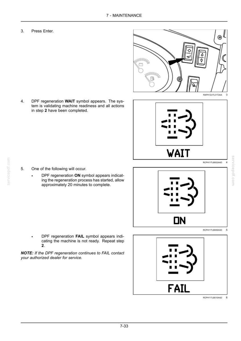 May include: Diagram from a maintenance manual showing symbols for DPF regeneration. The symbols include "WAIT", "ON", and "FAIL", with accompanying text. The image also shows a control panel with buttons and gauges.