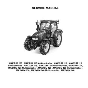 May include: A service manual cover featuring a Case IH tractor. The image includes the Case IH logo and the text "SERVICE MANUAL." Below the tractor image are model numbers: MAXXUM 100 to MAXXUM 140.